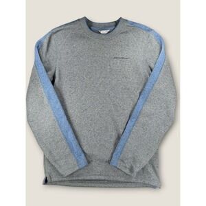 Eddie Bauer Sweater Mens Small Gray Blue Stripe Fleece Lined Pullover Crewneck